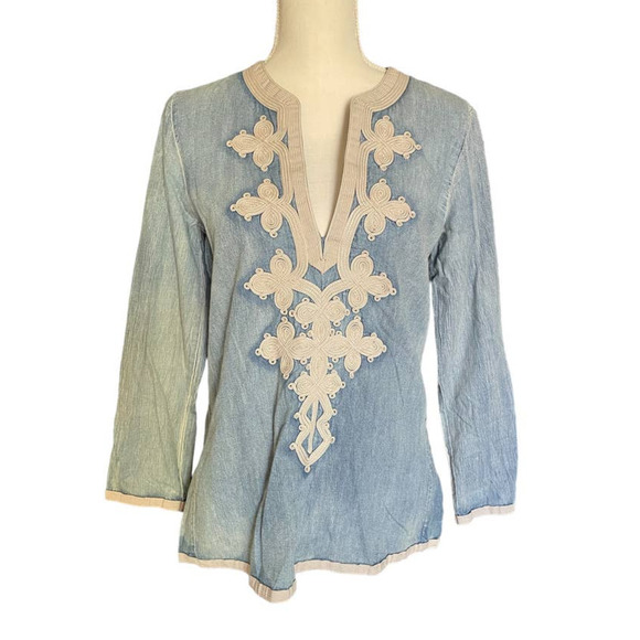 J. Crew Womens Denim Soutache Embroidered V-Neck Tunic Top Size 2 Blue - Picture 2 of 9